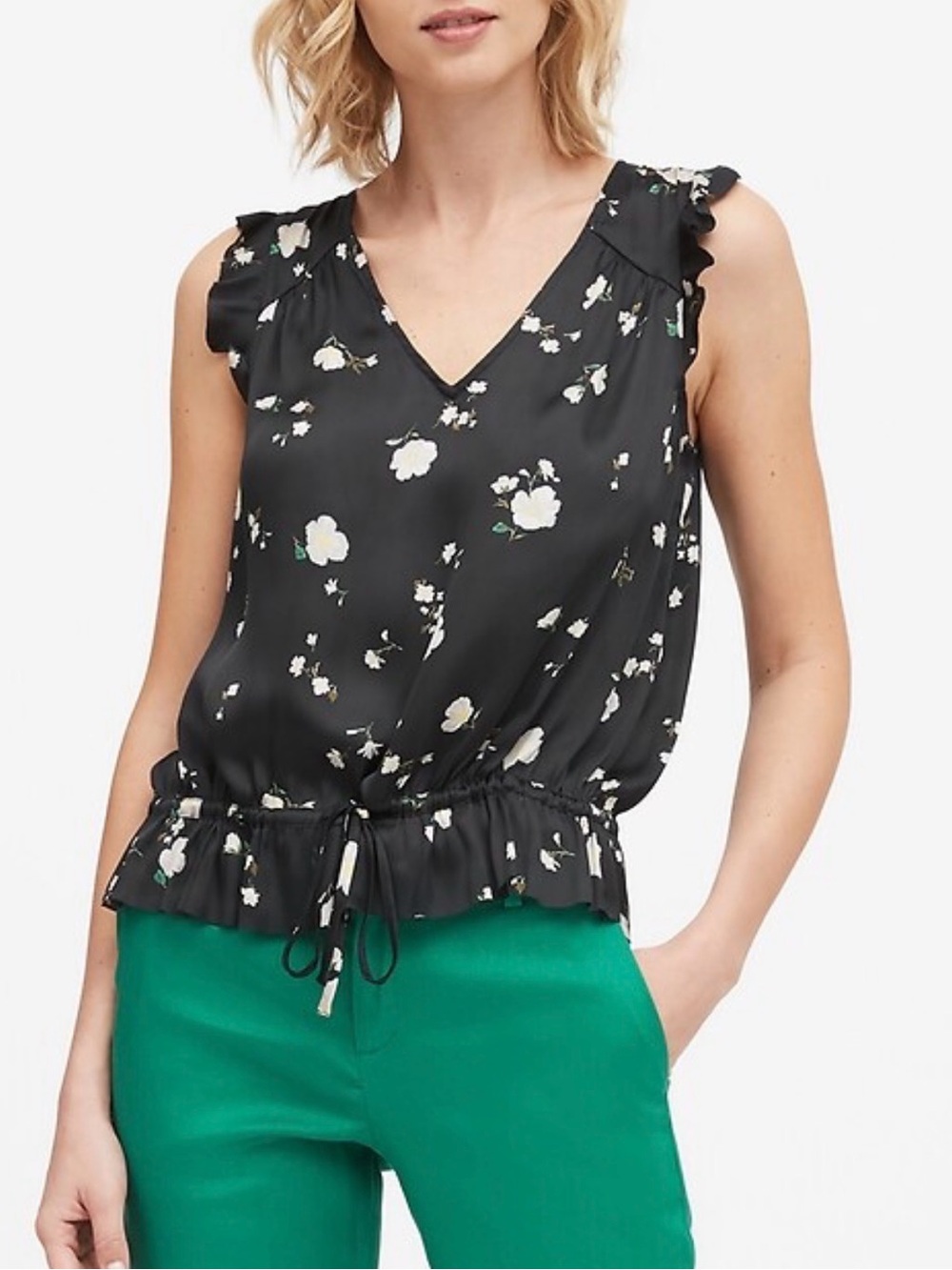 Banana Republic Black Floral V-Neck Ruffle Tie-Hem‎ Camisole